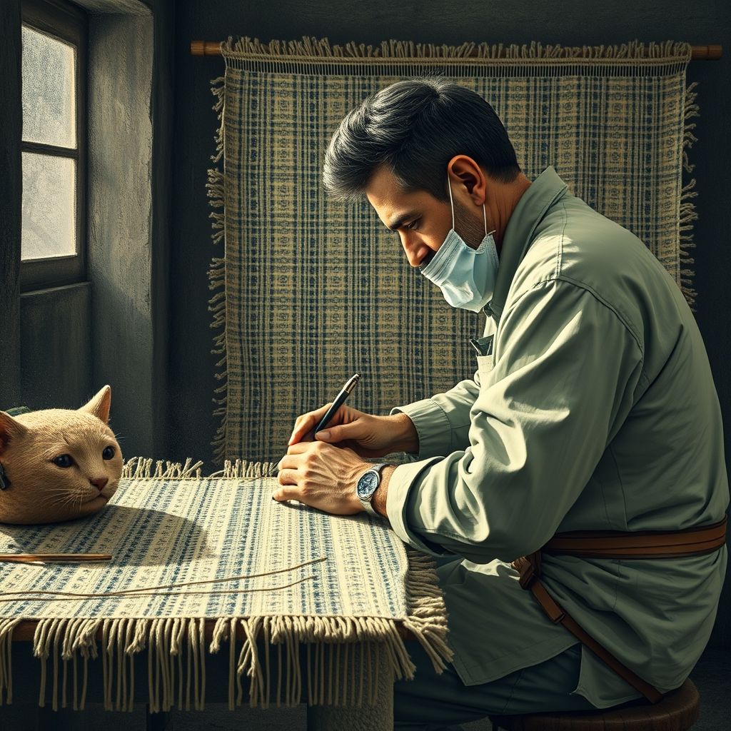 Un artisan au travail sur un tapis fait main, illustrant la précision et la passion du tissage artisanal.