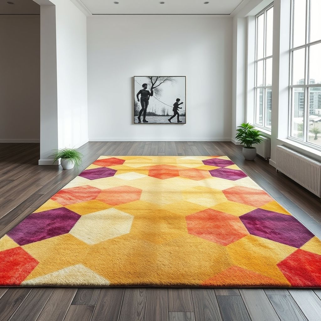 Un tapis coloré et moderne exposé dans un intérieur lumineux, mettant en valeur ses motifs sophistiqués et sa texture fine.