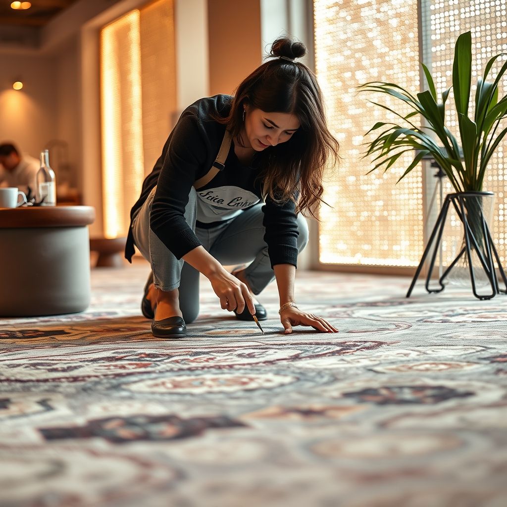 Dans un environnement lumineux, une personne experte manipule un tapis de qualité, mettant en valeur ses motifs et textures raffinés. L'ambiance moderne et élégante souligne le soin apporté à chaque pièce, reflétant la passion pour le travail artisanal et la beauté des matériaux.