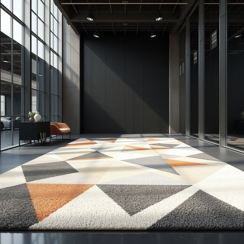 Un tapis moderne aux motifs géométriques est exposé dans un salon lumineux, soulignant son design unique et sa qualité supérieure.