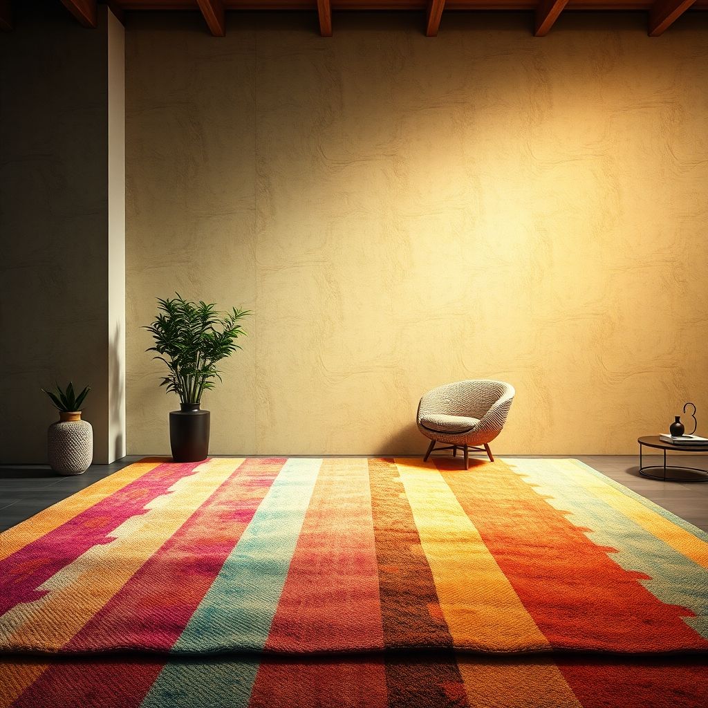 Une vue rapprochée montre un tapis aux couleurs vives et textures riches, mis en valeur dans un espace moderne et chaleureux. L'éclairage doux accentue la qualité artisanale et l'authenticité des fibres naturelles.