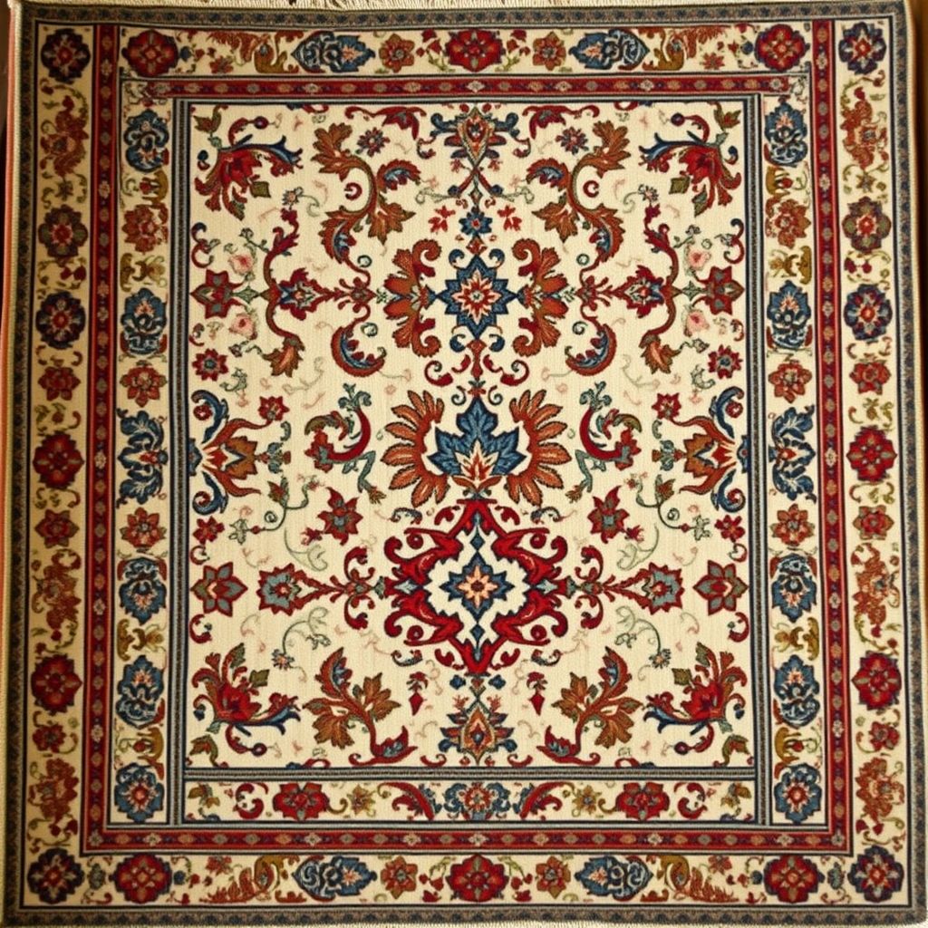 Un tapis aux motifs traditionnels richement décoré est présenté dans un cadre chaleureux, mettant en lumière l'artisanat et les couleurs authentiques.