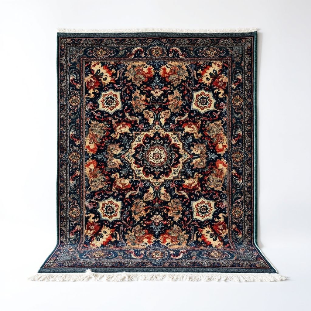 Un tapis aux motifs riches est exposé dans un cadre moderne, illustrant la fusion entre tradition et design contemporain. L'image reflète l'attention au détail et la passion pour l'artisanat.