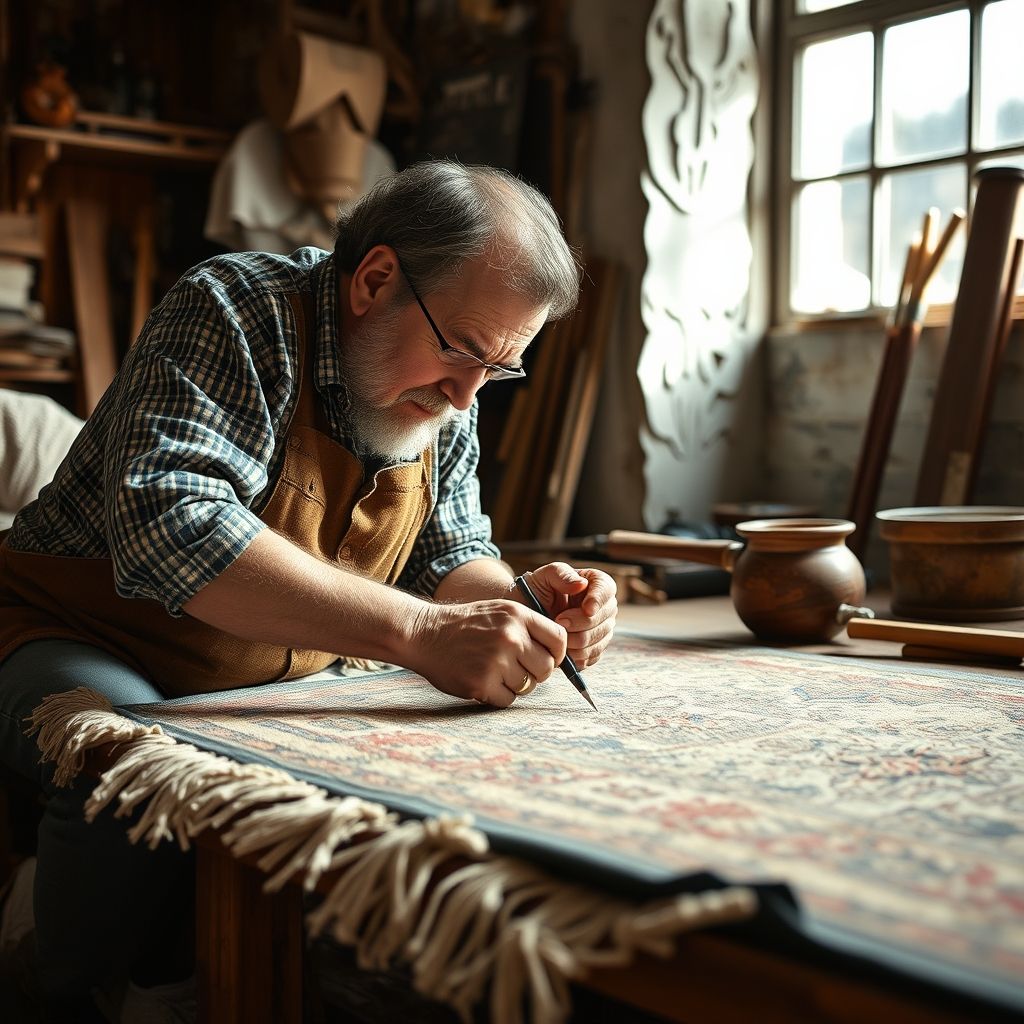 Un artisan travaille minutieusement sur un tapis fait main, illustrant la passion et la précision du travail artisanal.