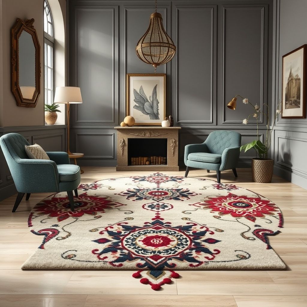 Un artisan concentré applique avec précision des soins à un tapis de haute qualité, soulignant le savoir-faire et l'attention aux détails. Le décor intérieur, élégant et accueillant, met en valeur la tradition et la modernité.