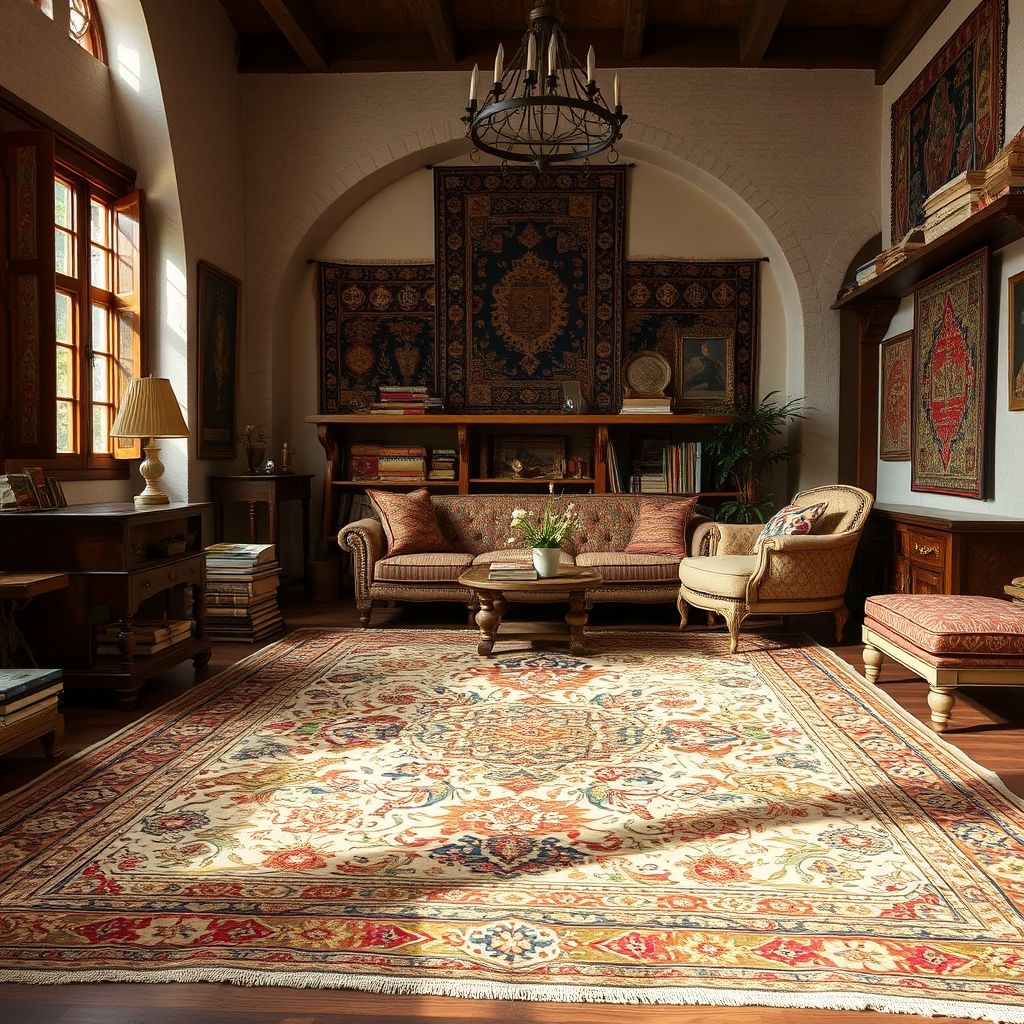 Un tapis riche en motifs traditionnels, exposé dans un salon chaleureux qui souligne son authenticité et sa qualité artisanale.